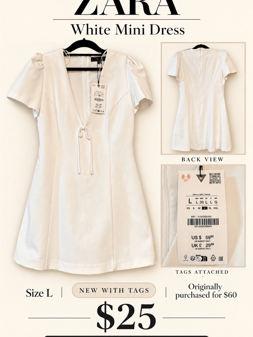 Zara Cream Mini Dress with Tie Front